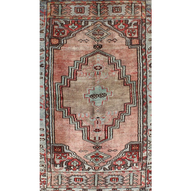 Tribal Salmon and Pink Vintage Turkish Oushak Rug With Tribal Medallion Design For Sale - Image 3 of 7