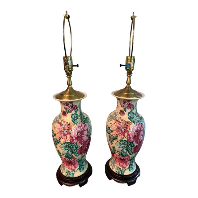 Traditional Late 20th Century Wescal Porcelain Floral Lamps on Wood Stands - A Pair For Sale - Image 3 of 8