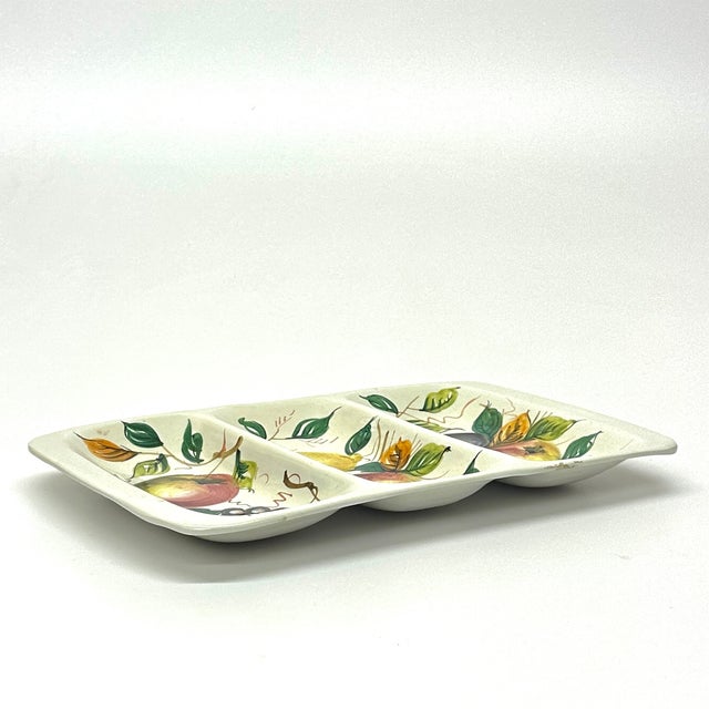 White fruit motif ceramic platter. This mid-century piece is a white ceramic serving platter with three compartments,...