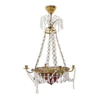 Mid 20th Century Swedish Gustavian Style Brass and Crystal Chandelier With Ruby Glass Bowl For Sale