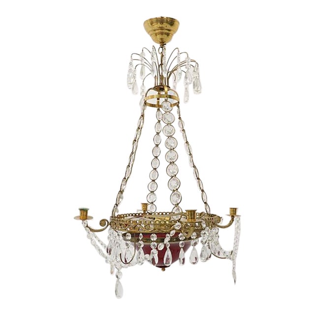 Mid 20th Century Swedish Gustavian Style Brass and Crystal Chandelier With Ruby Glass Bowl For Sale
