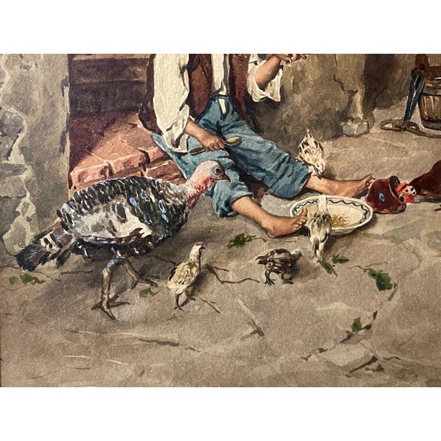Share Antique 1800's G Guerrini Original Gouache Watercolor Poor Boy Animals Painting For Sale In New York - Image 6 of 13