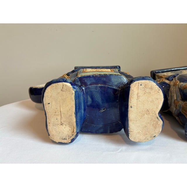 Ceramic Pair of Vintage Chinoiserie Asian Glazed Ceramic Elephant Plant Stands For Sale - Image 7 of 9