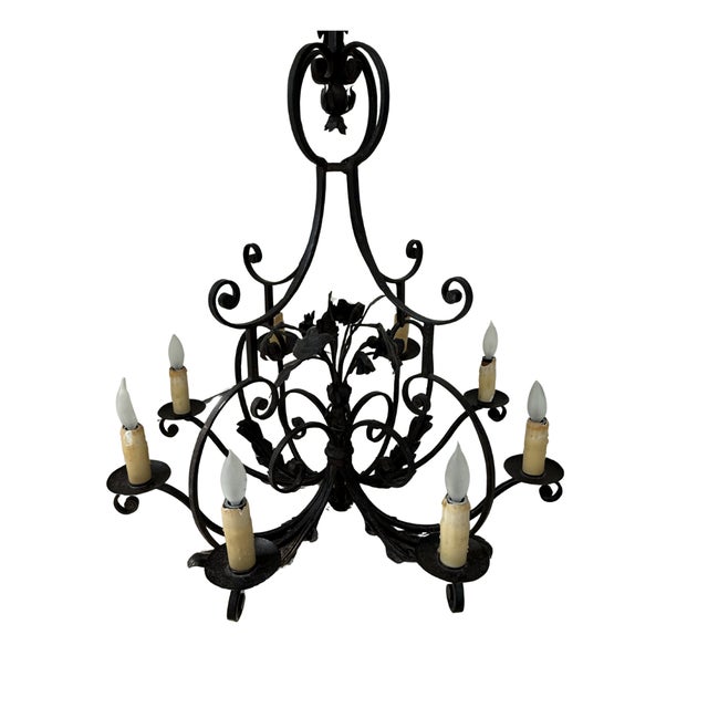 Mid-Century Modern 1990s Paul Ferrante Hand-Forged Wrought Iron 8-Arm Chandelier | Botanical Scrollwork | Old Iron Finish For Sale - Image 3 of 4