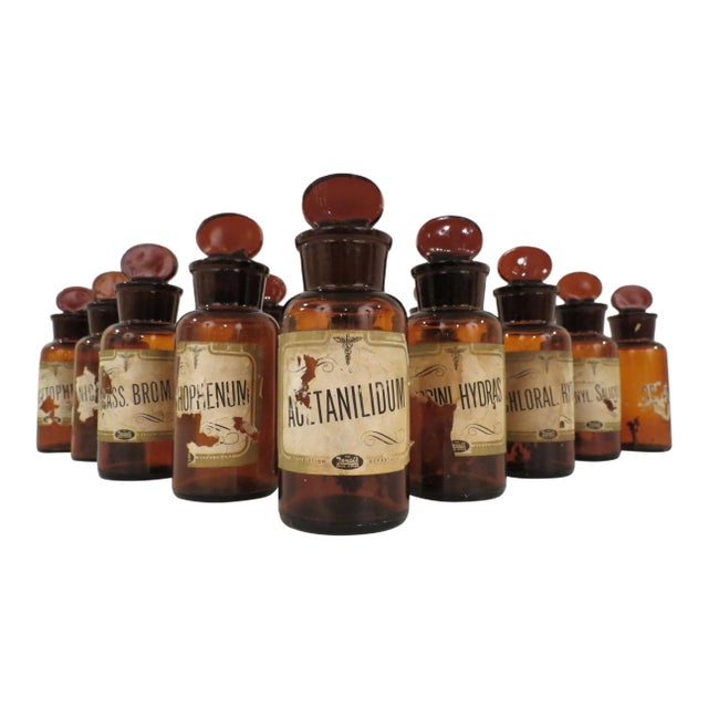 Antique Labeled Glass Lidded Amber Apothecary Bottles - Set of 12 For Sale