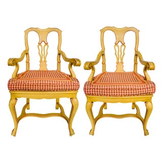 Early 20th Century Venetian Rococo / Louis Revival Style Yellow Wood Upholstered Accent Side Chairs - A Pair For Sale