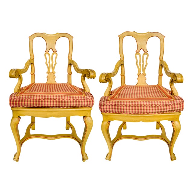 Early 20th Century Venetian Rococo / Louis Revival Style Yellow Wood Upholstered Accent Side Chairs - A Pair For Sale
