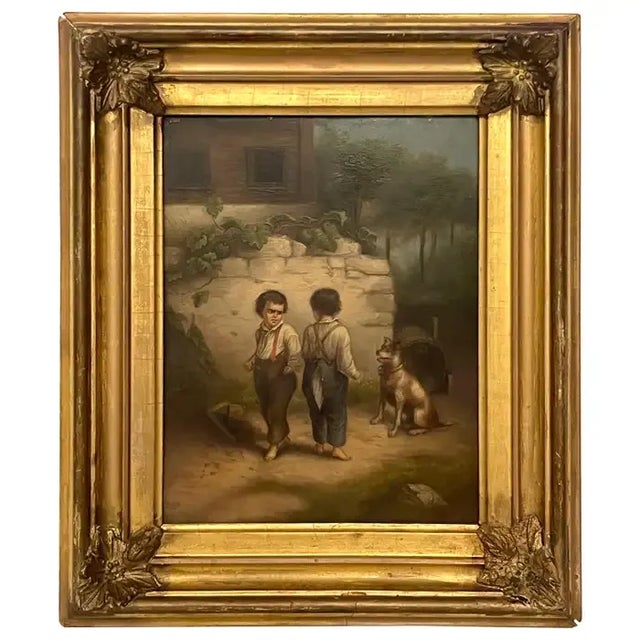 19th century French Painting 'Backyard Fight', Unsigned France, later 19th century Oil on Board, Apparently unsigned. This...