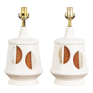 Vintage Mid Century Modern Lamp Wood Ceramic Table Lamp - a Pair For Sale