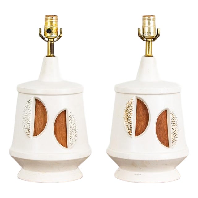 Vintage Mid Century Modern Lamp Wood Ceramic Table Lamp - a Pair For Sale