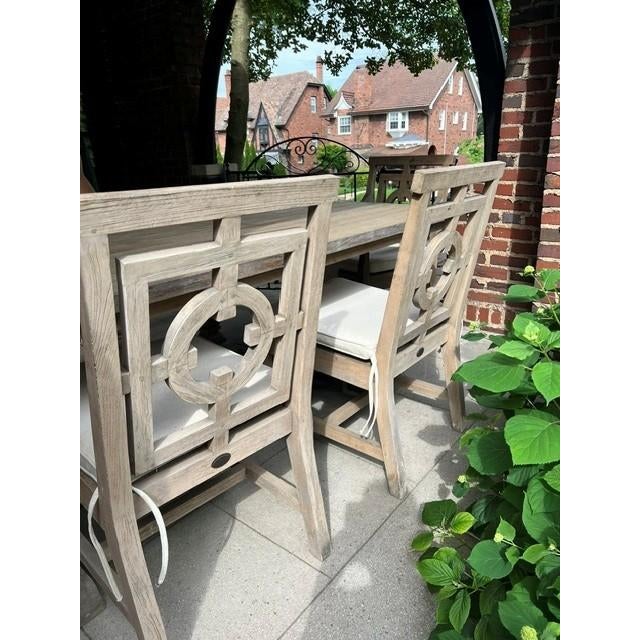 Arhaus Hamptons Outdoor Teak Dining Set – 84" Table, Bench, 4 Chairs, Beverage Cart & Cushions For Sale In Pittsburgh - Image 6 of 15
