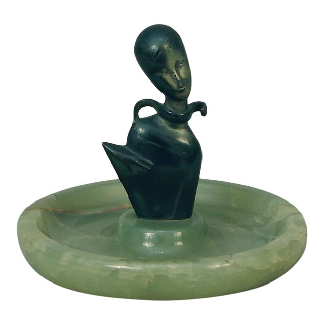 Austrian Art Deco - Modernist Bronze Lady on Onyx Base - Ring Tray For Sale