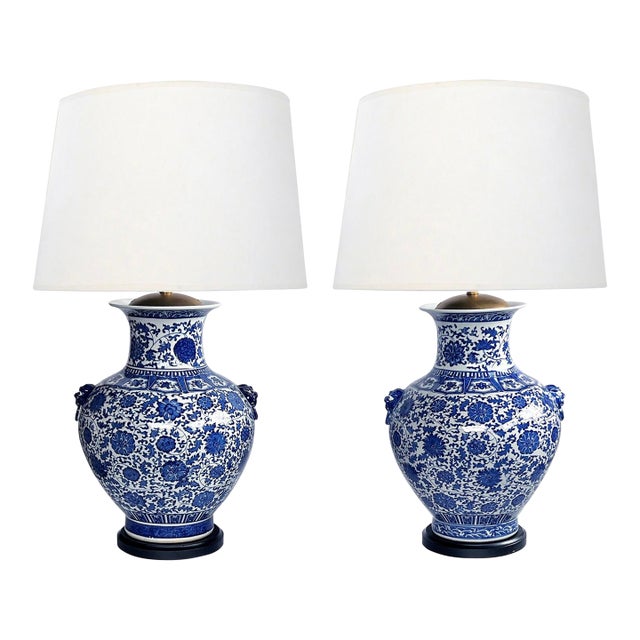 Massive Pair of Chinese Blue & White Urn-Form Lamps For Sale