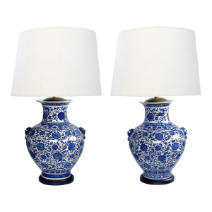 Massive Pair of Chinese Blue & White Urn-Form Lamps