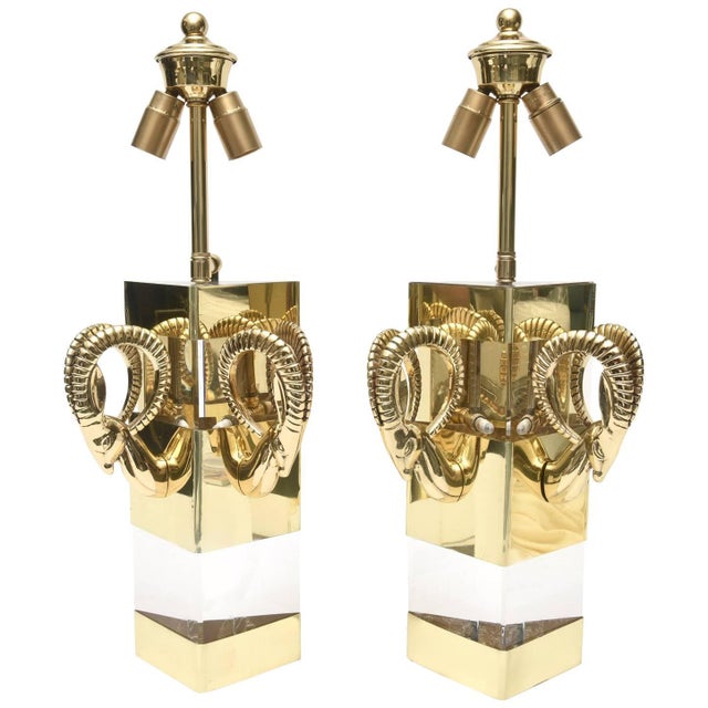1970s Lucite and Polished Brass Ram's Head Wall Sconces - a Pair For Sale - Image 11 of 11