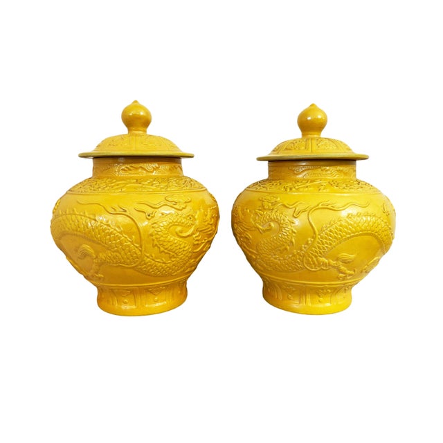Asian Pair of Famille Jaune Imperial Yellow Dragon Ginger Jars 17.5" For Sale - Image 3 of 4