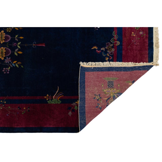 1920s Navy Blue Antique Art Deco Chinese Wool Rug With a Classic Design For Sale - Image 5 of 12