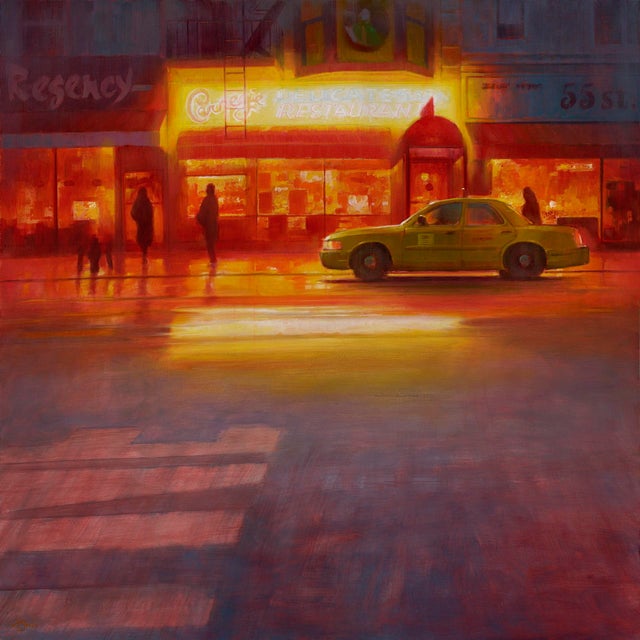 This oil on board painting captures a vibrant street scene illuminated by the warm glow of the Carnegie Deli sign,...