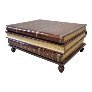 Vintage Maitland-Smith Leather and Wood Trompe l'Oeil Stacked Book Three Drawer Coffee Table For Sale
