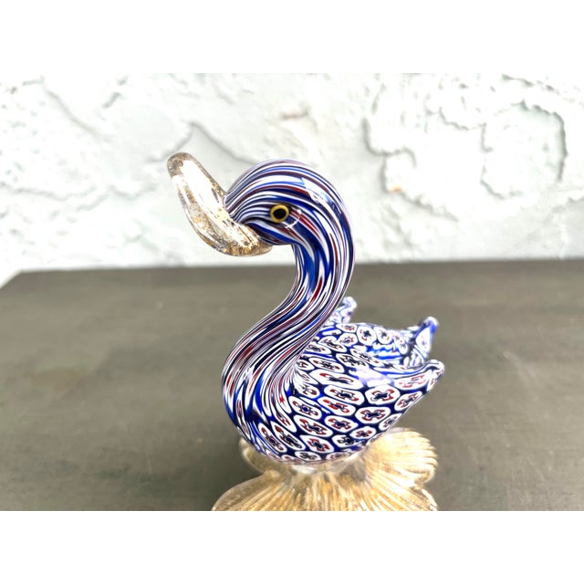 Royal Blue Vintage Murano Millefiori Art Glass Swan Sculpture With Aventurine Base For Sale - Image 8 of 10