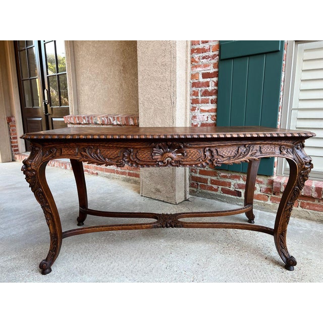 Antique French Center Library Table Louis XV Carved Oak Rococo Parquetry c1890. Direct from France, a substantial antique...