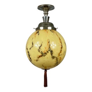 Art Deco Opaline Glass and Nickel Ball Flush Mount with Tassel, Germany, 1930s For Sale
