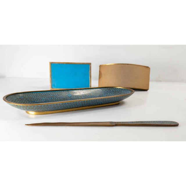 20th Century Chinese Turquoise Teal Cloisonne Enamel Desk Set For Sale - Image 11 of 15