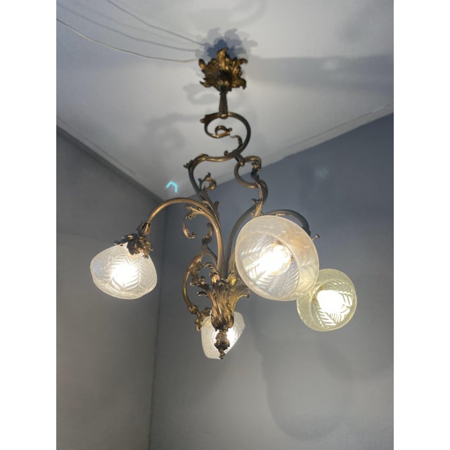 Gold Art Nouveau Golden Chandelier with Frosted Glass Shades For Sale - Image 8 of 18