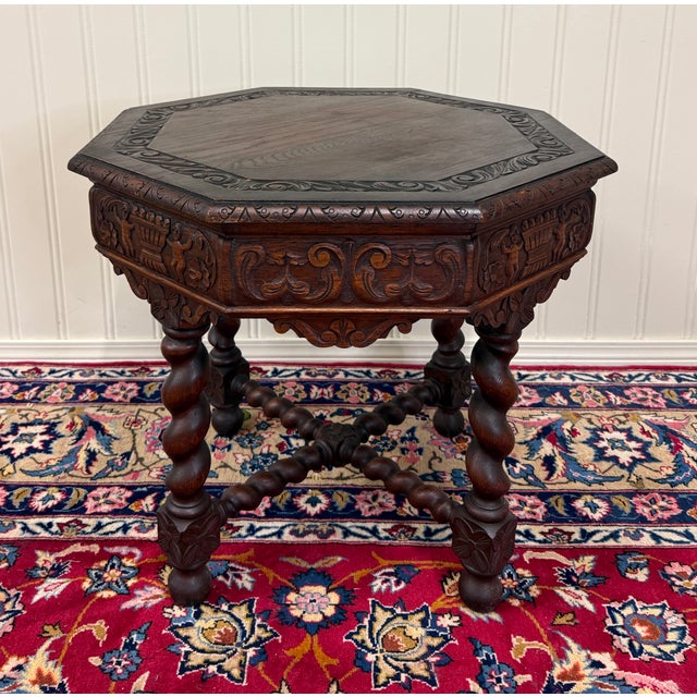 Late 19th Century Antique French Octagonal Table Renaissance Revival Barley Twist Oak 24.5"t 19thC For Sale - Image 5 of 18