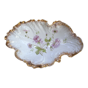 Antique Germany Carl Tielsch Porcelain Hand Painted Lavender Roses Embossed Bowl