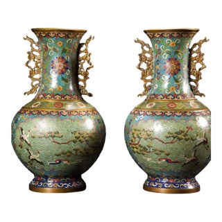 Pair of Monumental Chinese Cloisonné "Crane & Pine" Vases With Gilt Dragon Handles - 7.5kg For Sale