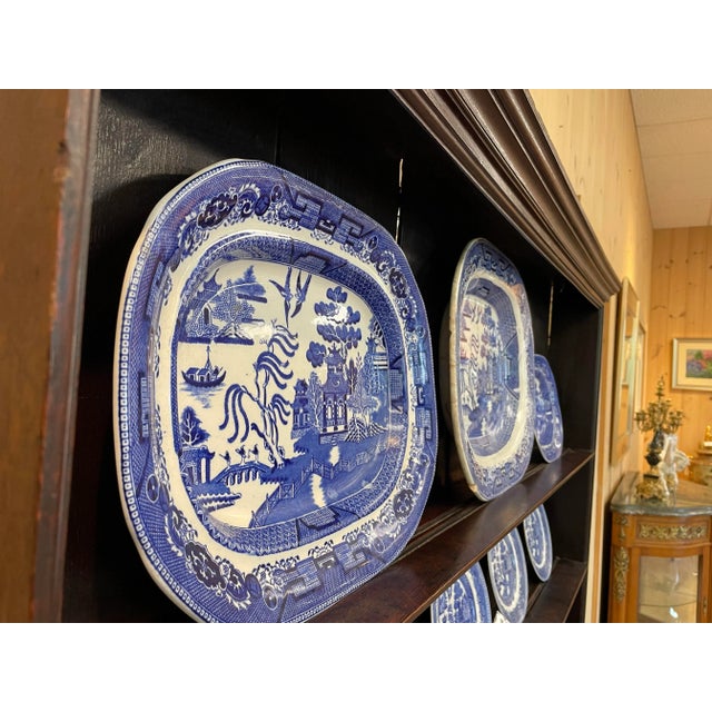 Chinoiserie Set of 3 Antique 19th Century English Blue Willow Ironstone Serving Platters – Chinoiserie Transferware For Sale - Image 3 of 4
