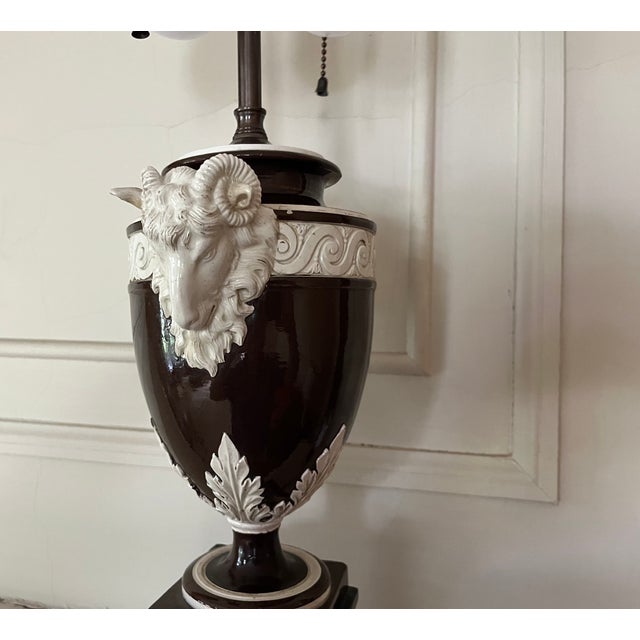 Fine Antique 19th Century Italian Creamware Urn With Goat Mask Handles Mounted as a Table Lamp For Sale - Image 4 of 15