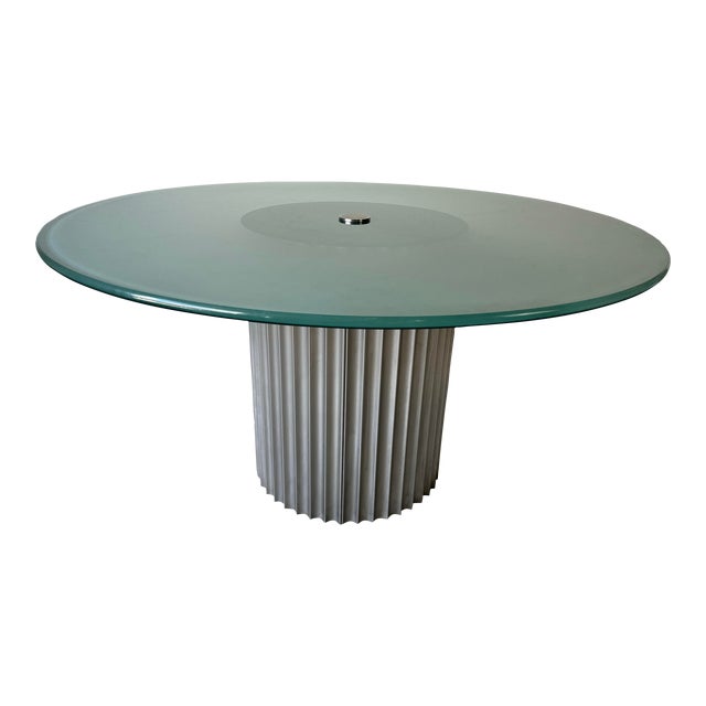1980's Italian Postmodern Luigi Saccardo- Style Brushed Steel and Glass Top Round Dining Table/ Sold For Sale