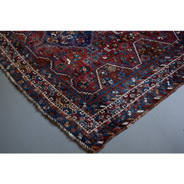 Early 1900s Antique Botanical Figural Tribal Medallion Brick Red Blue Almost Square Rug - 5’10” X 6’10” For Sale In Los Angeles - Image 6 of 11