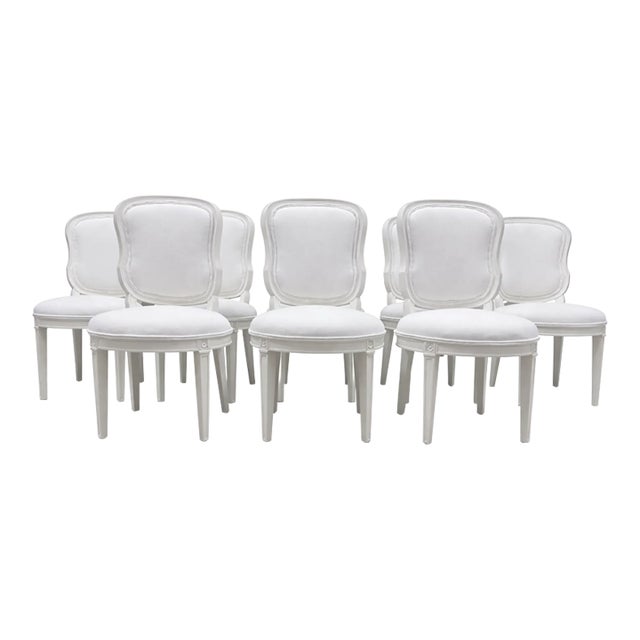 Set of 8 Louis XVI Style White Upholstered Dining Chairs For Sale