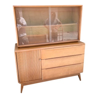 Heywood-Wakefield Mid-Century Maple Tambour Door Credenza and Hutch For Sale