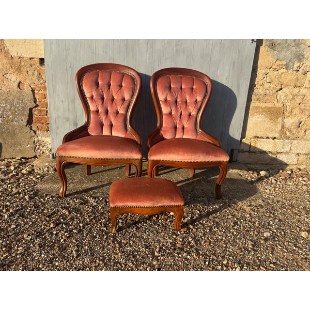19th Century Louis-Philippe Style Armchairs and Pouf in Pink Velvet, Set of 3 For Sale - Image 11 of 12