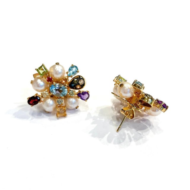Bochic "Orient" Vintage Retro Multi Gem Burst Earrings Set 18K Gold & Silver For Sale - Image 11 of 18