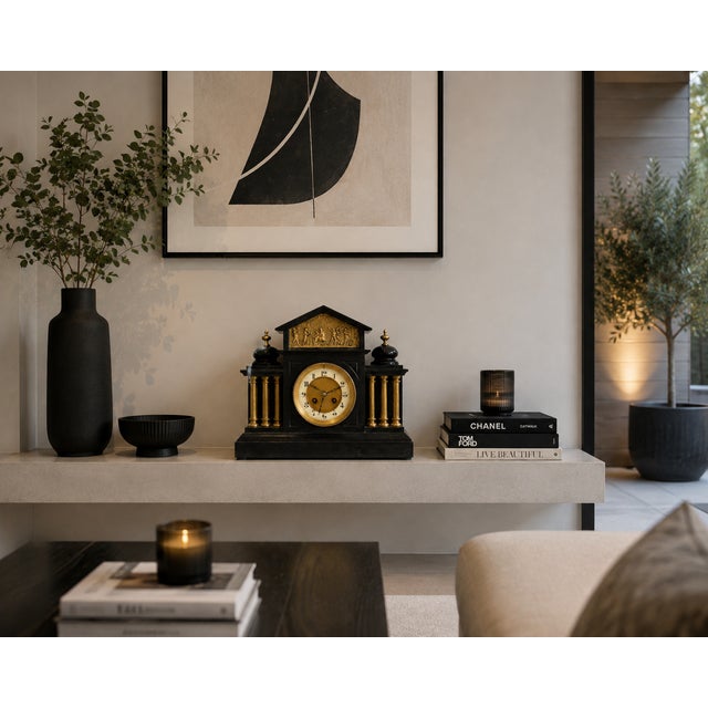 Antique French Architectural Mantel Clock in Black Marble and Gilt Brass, 1880 For Sale - Image 11 of 13