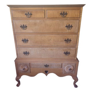 Birdseye /Tigereye Maple Antique Chippendale Style White Co. Highboy Dresser For Sale