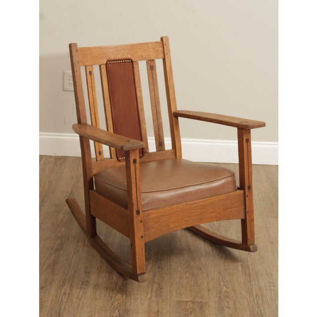 High Quality Antique Early 20th Century Solid Ebony Inlaid Oak Rocking Chair with Leatherette Seat and Back Panel, by...