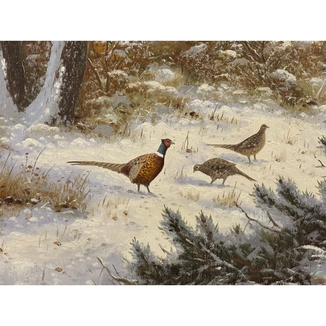 Antique White Winter Snow Scene with Pheasants with Golden Sky by 20th Century German Artist 1998 For Sale - Image 8 of 9