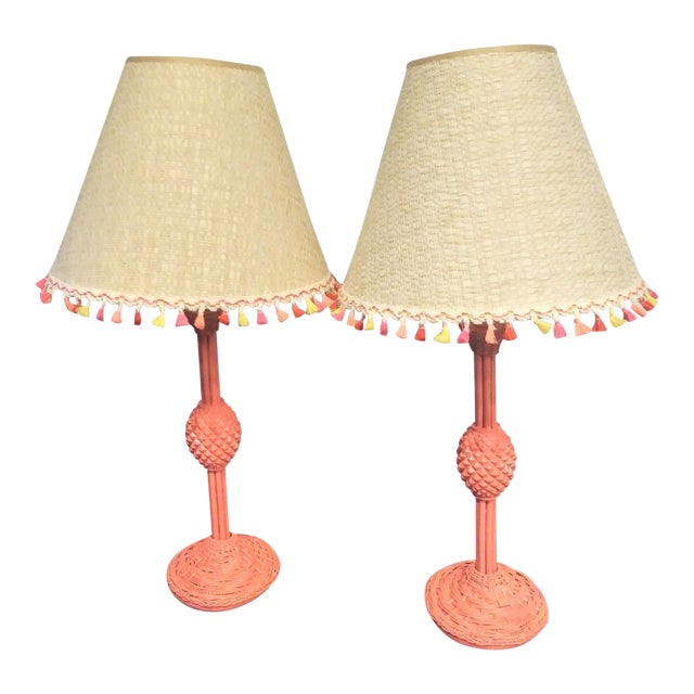 A Pair of Fun Coral Wicker Pineapple Tall Slim Table Lamps ...
