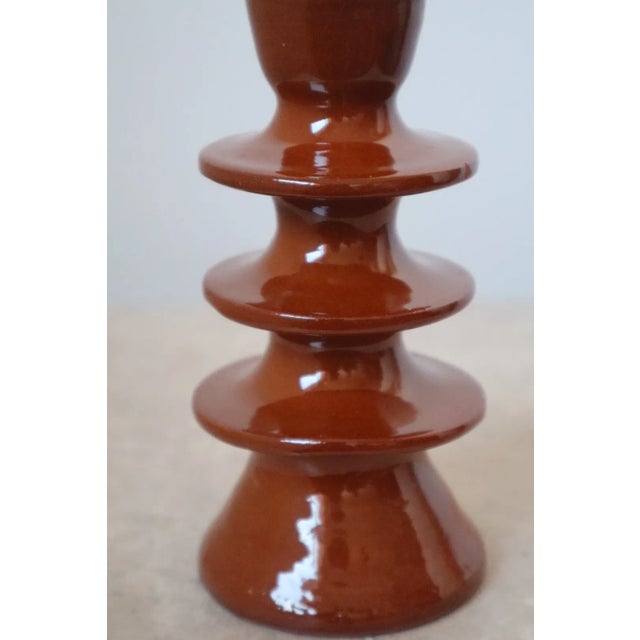 Pair of Modern Handmade Brown Ceramic Candle Holders For Sale - Image 4 of 5