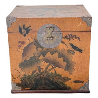 Vintage Chinese Lacquer Chest Trunk With Painted Lotus & Bird Motif, Calligraphy Interior For Sale