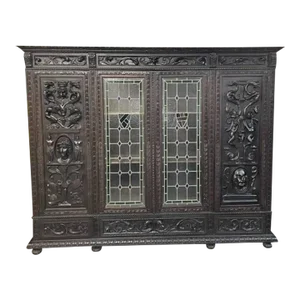 Huge Antique European Storage Cabinet, Leaded Glass Doors, Modular Build, Original 1800's
