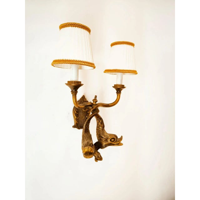 Bronze Wall Lights with Fish and Silk Lampshades, in Very Good conditions. Designed 1950 to 1959 Up to 250V (Europe/UK...