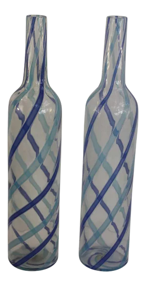 Vintage Fratelli Toso Atributed Murano Blue Aqua Stripe Ribbons Italian Art Glass Decanter - a Pair