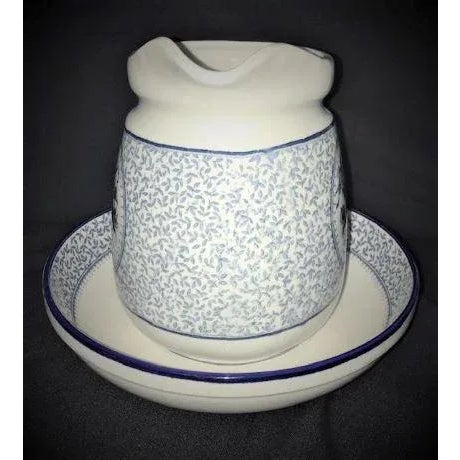 Vintage c.1950's pitcher and basin set. Asake blue and white fruit pattern. Basin 8 3/4"dia. x 2"H. Pitcher 5 1/2"dia. x...
